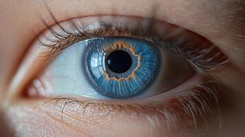 This captivating image showcases a close-up of an eye featuring a unique orange patterned iris that draws attention to its intricate textures and vibrant colors. photo
