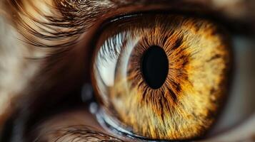 This stunning close-up features a detailed view of a vibrant brown and gold eye, showcasing striking patterns and textures that evoke a sense of wonder and curiosity. photo