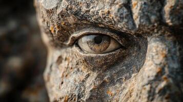 This artistic close-up captures the essence of a stone sculpture resembling an eye, blending natural textures with human-like features to evoke intrigue and contemplation. photo
