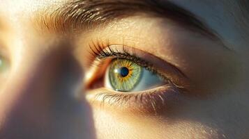A mesmerizing close-up of a human eye featuring a striking blue iris and intricate details, ideal for projects focusing on human emotion, perception, or beauty. photo