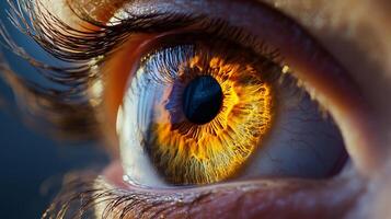 This eye close-up presents a mesmerizing blend of fiery orange hues, showcasing intricate patterns that convey emotion and the depth of human connectivity with nature. photo