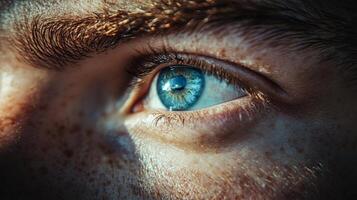 This macro shot showcases an eye with unique freckles around the iris, emphasizing the beauty of human features in intricate detail, suitable for portrait-focused themes. photo