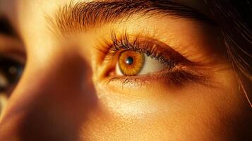 This image presents a close-up view of an eye featuring captivating golden hues in the iris, illustrating the beauty and depth of human features through detailed photography. photo