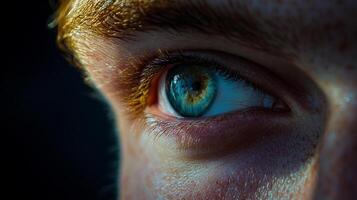 This captivating close-up showcases a striking blue eye, revealing intricate details of pigmentation and reflections that highlight human beauty and individuality. photo