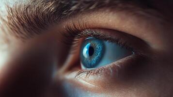 This captivating close-up displays a beautiful eye filled with intricate patterns and colors, emphasizing the beauty and complexity of human vision and emotions. photo