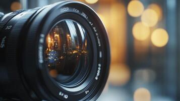 A stunning image showcasing a camera lens reflecting vibrant city lights, creating a captivating blend of technology and urban energy in a nighttime scene filled with color. photo