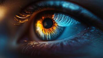 This captivating close-up of a human eye highlights its unique colors and intricate details, representing the beauty of human emotion and the complexity of individual identity. photo