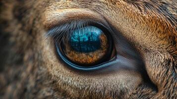 An intricate close-up revealing a deer's eye, mirroring the forest environment, symbolizing nature's interconnectedness and the delicate balance of wildlife and habitat. photo