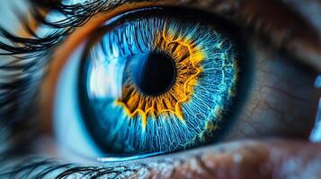 An extreme close-up captures a striking blue eye with vibrant orange patterns, emphasizing the intricate details of the iris and pupil for a stunning visual impact. photo