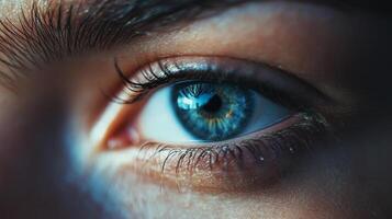 This close-up of a blue eye reveals glimmering colors and intricate details, creating a mesmerizing focal point that captures the viewer's attention. photo