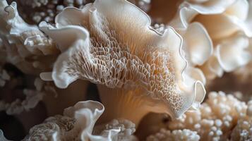 A close-up of oyster mushrooms displaying their intricate gill structure in soft lighting, emphasizing their delicate beauty and organic nature. photo