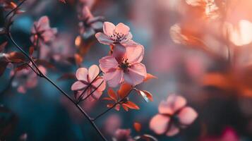 A close-up of soft pastel flowers emerges delicately from a blurred background, capturing the essence of spring's beauty and the tranquility of nature. photo