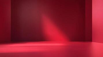 This image features a minimalistic room with striking red walls and smooth surfaces, highlighted by soft yet vivid shadows that create an artistic ambiance. photo