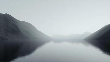 This image presents a tranquil, misty landscape of gray mountains reflected on a still water surface, creating an atmosphere of serenity and peacefulness. photo