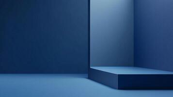 An abstract depiction of a subdued blue space featuring geometric forms, creating a sense of depth and tranquility in a modern visual environment. photo