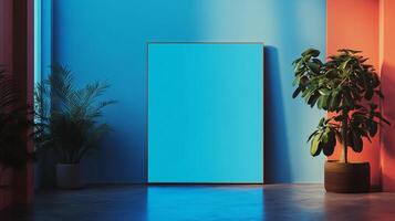 A brightly colored blue wall surrounds a minimalist large frame canvas, creating a vibrant atmosphere perfect for artistic expression and modern interior design. photo