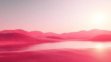 A serene image of vibrant pink terrain mirrored in calm water with a soft sunlit atmosphere, evoking feelings of tranquility and artistic wonder in an abstract setting. photo