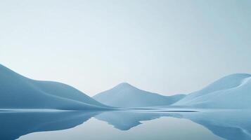 This serene image captures gentle blue mountains mirrored in still water, creating a calm and peaceful scene that invites contemplation and relaxation. photo