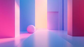 This image showcases a serene space with vivid pastel colors, featuring geometric shapes that create a harmonious and tranquil atmosphere for the viewer. photo