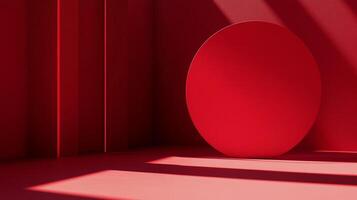 This image portrays a minimalistic scene dominated by deep red geometric shapes and striking shadows, creating a bold and intense visual experience. photo