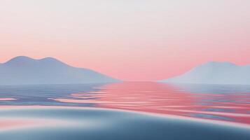 A stunning landscape of tranquil waters mirroring soft mountain silhouettes under a gentle pastel sky, evoking a sense of calm and introspection. photo