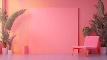 An aesthetically pleasing image of a pink wall adorned with plants and striking decor elements creates a harmonious and trendy setting, ideal for modern artistic expression. photo