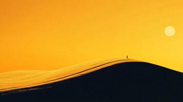 A solitary figure stands atop a golden sand dune, bathed in the warm glow of the sunset, evoking a sense of exploration and tranquility in nature's vastness. photo