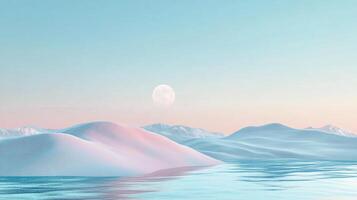 A captivating surreal landscape featuring gentle snowy hills illuminated by a soft pastel sky and glowing moon, evoking feelings of wonder and tranquility in a dreamlike setting. photo