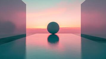 A solitary sphere levitates over a reflective surface, embodying geometric minimalism in a seamless blend of colors and shapes, creating a thought-provoking scene. photo