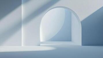 A pristine white archway emerges softly with gentle shadows, embodying purity and minimalism while inviting viewers to explore the calming space beyond. photo