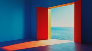 A bright and colorful doorway opening to a stunning ocean view, bathed in sunlight and inviting serenity, representing escape and adventure in a creative aesthetic setting. photo