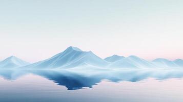 This serene image depicts soft blue mountains mirrored in calm waters, creating a peaceful and harmonious landscape that evokes tranquility and beauty. photo