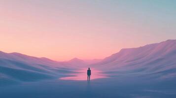 A solitary figure stands in a vast, dreamlike landscape, surrounded by ethereal mountains and soft pastel colors, creating a powerful sense of solitude and introspection. photo