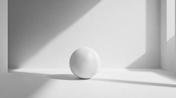 A minimalist digital artwork featuring a perfect white sphere resting on a soft light surface, casting subtle shadows that evoke a sense of simplicity and calmness. photo