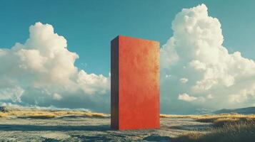 A solitary red column towers against a backdrop of fluffy clouds, exuding strength and resilience, inviting viewers to ponder its significance in a vast landscape. photo