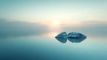 The serene image of two rocks amidst the calm waters, illuminated by the soft golden light of dusk, invites tranquility and reflection on nature's enduring beauty. photo