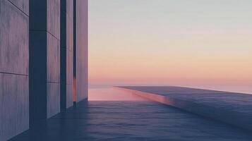 An abstract architectural structure extends toward a tranquil body of water, symbolizing a seamless blend of modernity and the serene beauty of natural elements. photo
