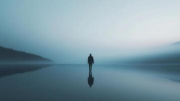The image features a silhouetted figure walking in a tranquil, misty landscape, capturing a profound sense of introspection and the connection between humanity and nature. photo