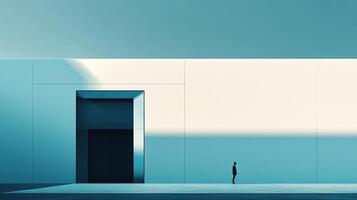 A solitary figure stands before a striking minimalistic architectural facade, bathed in soft light, illustrating themes of solitude and reflection in a modern context. photo