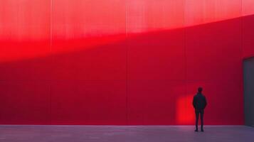 A solitary figure stands in front of a striking red wall, showcasing a blend of minimalism and abstraction, evoking feelings of isolation and self-reflection within the vibrant space. photo