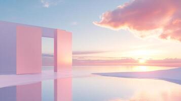 Two minimalist pink structures emerge majestically from a calm seascape at sunset, symbolizing modern art and serenity while highlighting the connection between architecture and nature. photo