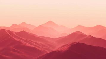 This image showcases a soft red landscape of rolling mountains at sunset, creating a serene atmosphere with gentle gradients and pleasing curves. photo