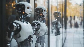 Robotic beings on display with shiny exteriors, peering from behind glass panels with futuristic allure and glowing eyes. photo