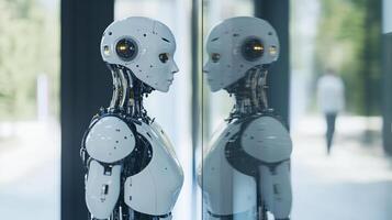 Robot gazing in reflection, a sleek humanoid form. Artificial intelligence and self-awareness concept. The future of technology. photo
