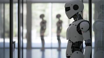 A futuristic humanoid robot stands within a modern, minimalist space, reflecting technological advancement and potential societal integration. photo