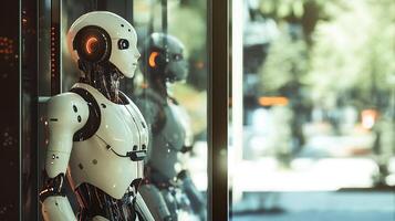 Futuristic humanoid robot contemplating the outside world through a window, showcasing advanced artificial intelligence. photo
