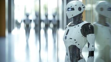 Futuristic humanoid robot in a sleek, modern environment, showcasing advanced artificial intelligence and robotic technology. photo