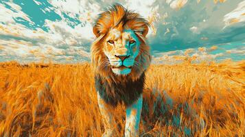 Regal lion with golden mane stands proudly in a field, its gaze fierce and commanding against the azure sky with wispy clouds. photo