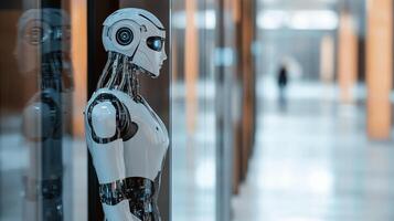 Futuristic humanoid stands tall, observing the world around it with advanced optics, embodying progress, innovation, and technological advancement. photo
