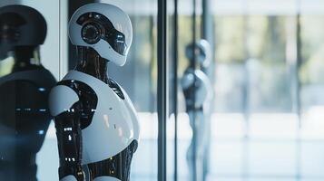 Futuristic humanoid robot stands near glass, reflecting another robot in a minimalist, bright and modern office environment. photo